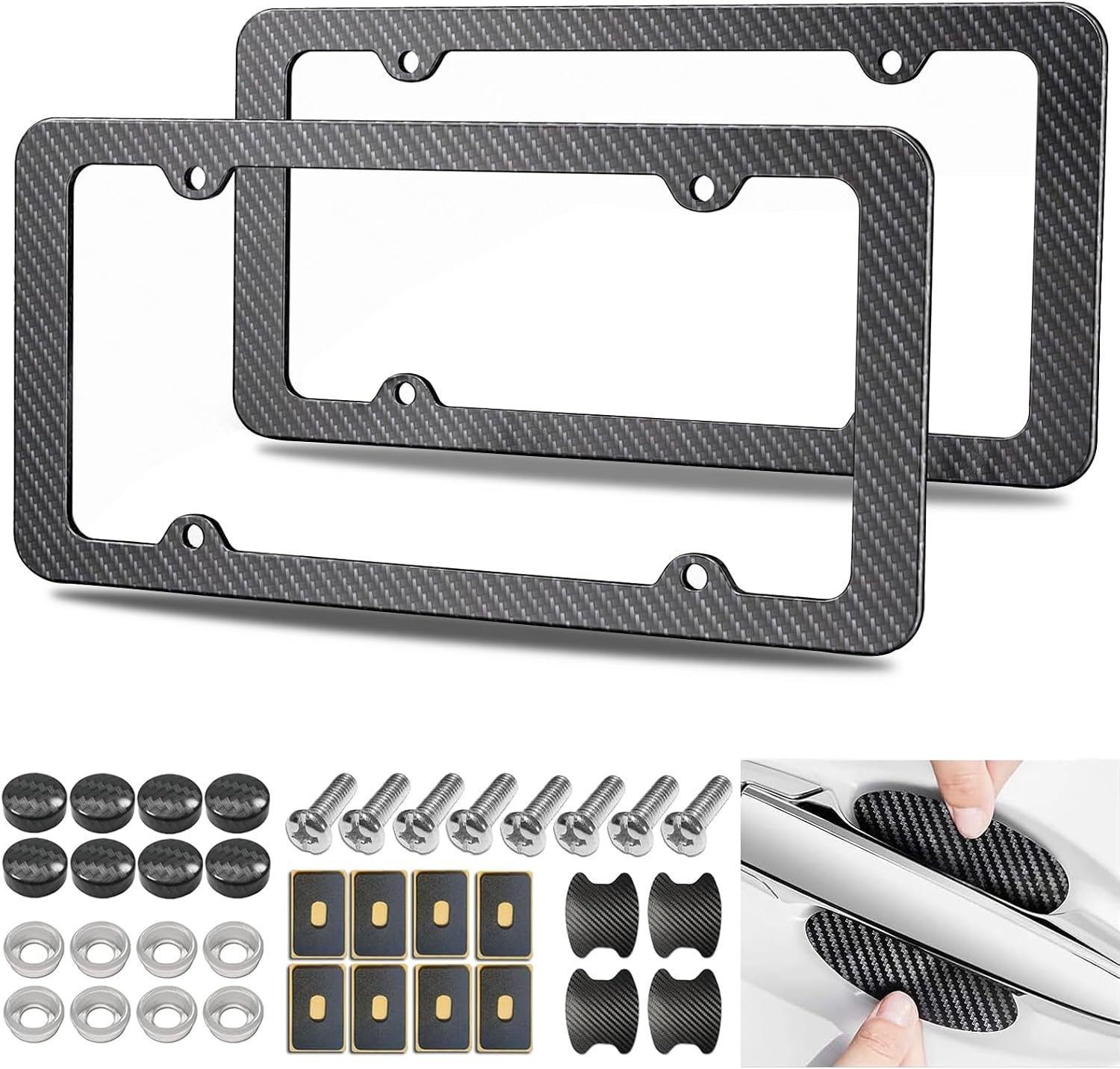 Carbon Fiber License Plate Frames- Black Plastic Car Tag Holder, 2 Pack 4 Hole Slim Edge Front Rear Bracket with Screw Caps and Car Door Handle Stickers