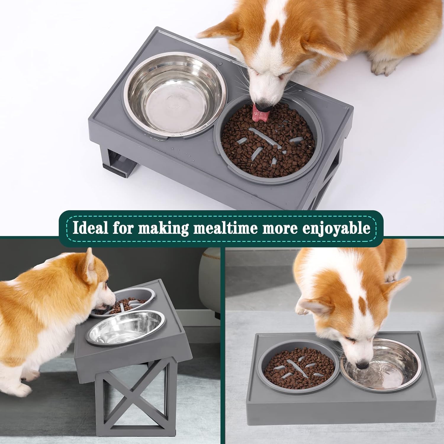 Elevated Dog Bowls Adjustable Raised Dog Bowl with 2 Stainless Steel with Slow Feeder Bowl Food Bowls Stand Non-Slip No Spill Dish Adjusts to 3 Heights for Small Medium Large Dogs