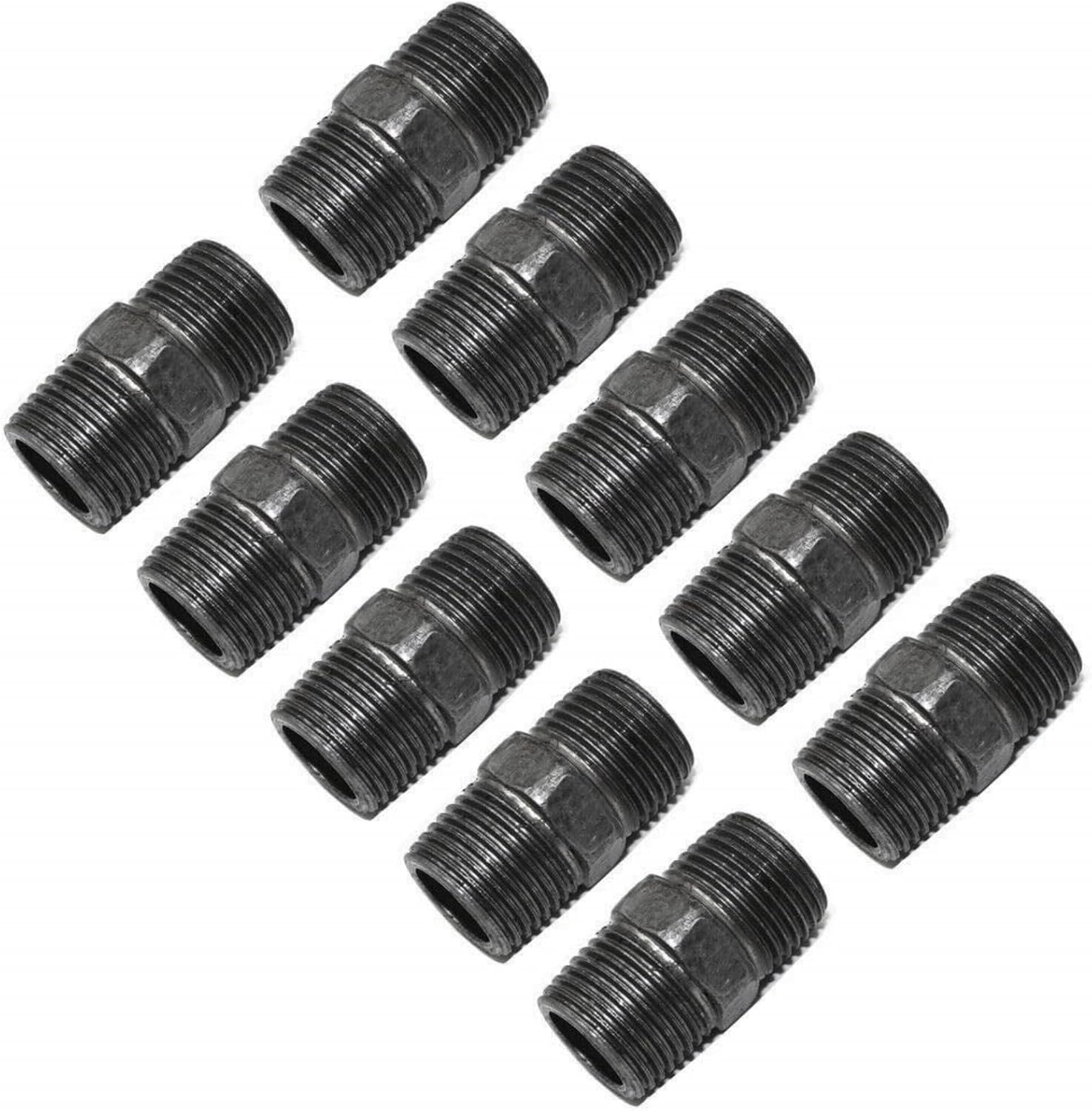 10-Pack 1/2" x 1.5" Black Dark Gray Malleable Iron Threaded Pipe Nipple Fittings, Plumbing Adapter Connectors for Industrial Decor and Vintage DIY Projects