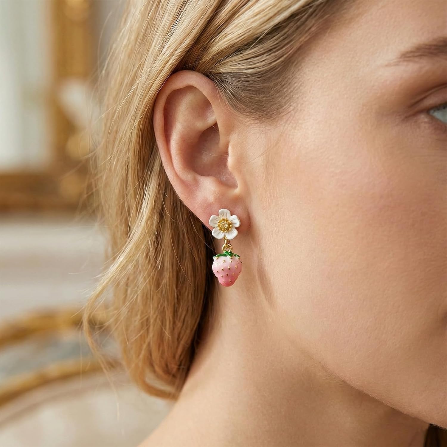 Pink Strawberry Flower Drop Earrings - Cute Enamel Fruit & Floral Stud Drop Earrings for Women, 18K Gold Plated Dainty Aesthetic Jewelry - Image 3