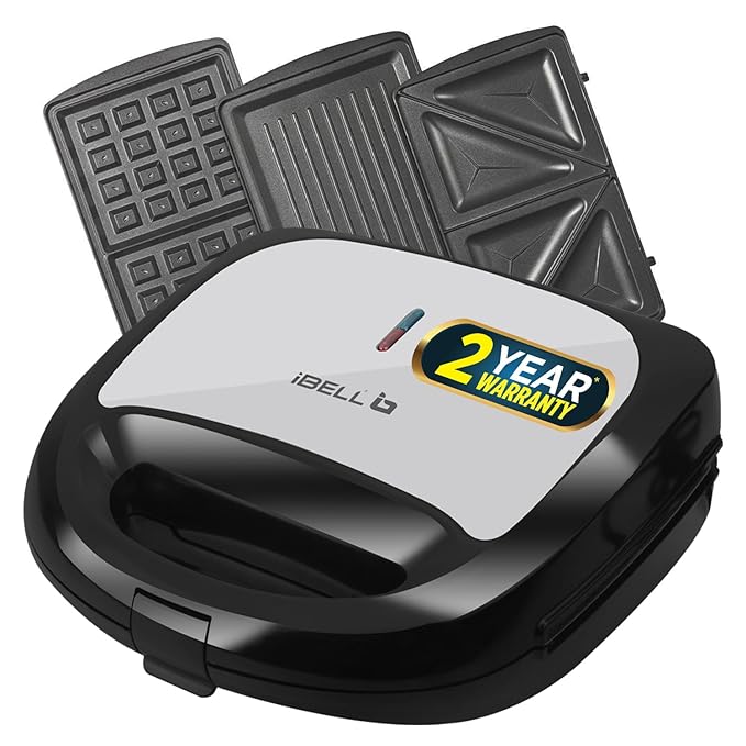 iBELL SM1301 3-in-1 Sandwich Maker with Detachable Plates for Toast/Waffle/Grill, 750 Watt (Black, 23.9 x 23.9 x 10 cm) at Rs. 2232