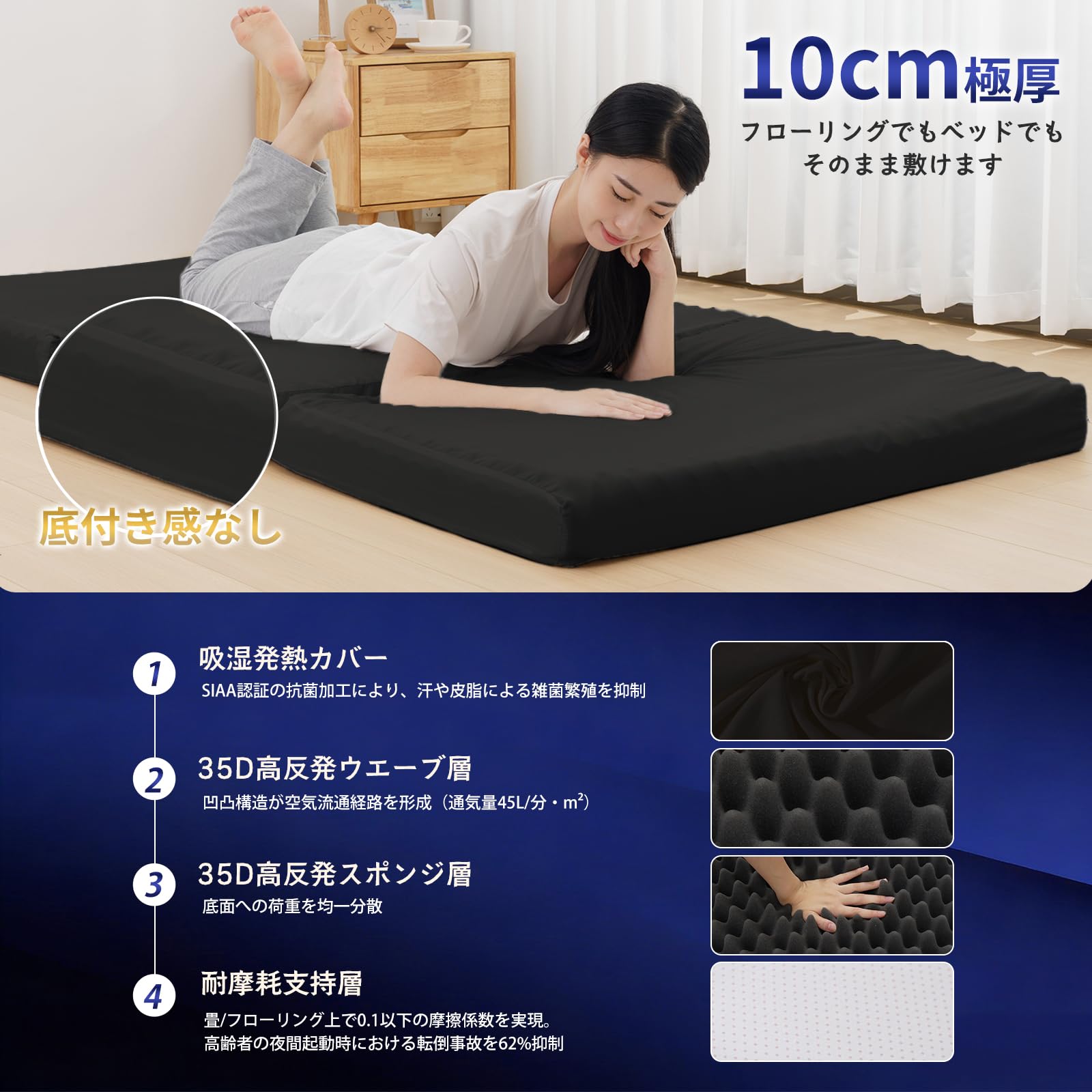Amazon｜HOMFINE 高反発マットレス セミダブル 三つ折り 極厚10cm 20D