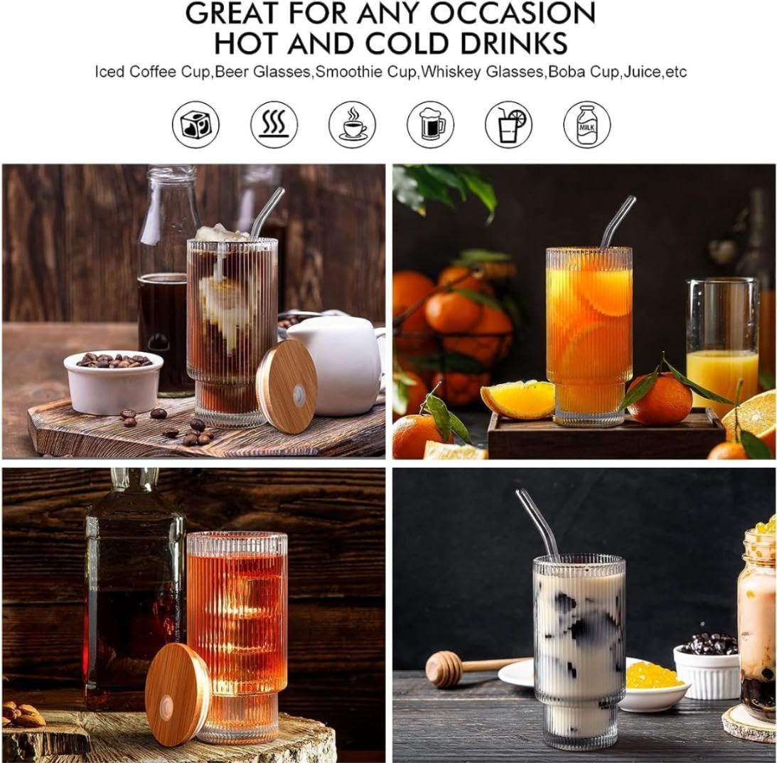 VILON Drinking Glass Can Wooden Lid Sipper Mason Jar for Mojito Ice Tea Juice Travel Mug with Straw | 350ml (350, Ribbed BB LID Sipper with Straw, 1, Sipper) 4
