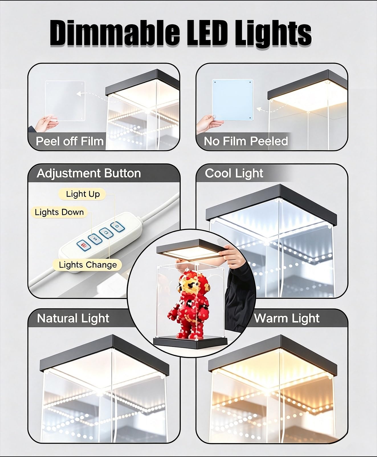 Urna Metacrilato Vitrina LED Ajustable de Acrílico con Base Tapa