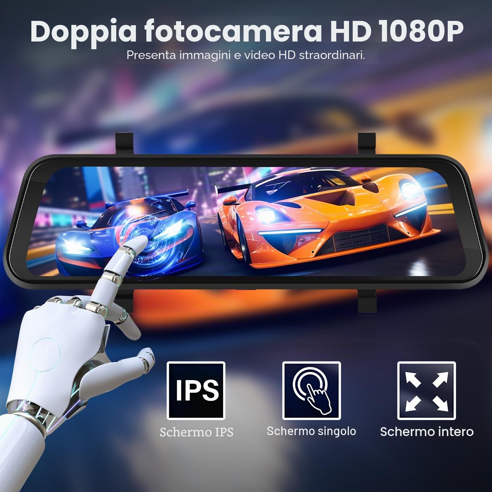 Videocamera 9.66" Specchietto Con Apple Carplay Wireless, Android Auto Con Telecamera Retromarcia HD, IPS Touchscreen Doppio 1080P Videocamera Specchietto Auto, 2 Schermi Divisibili, Bluetooth