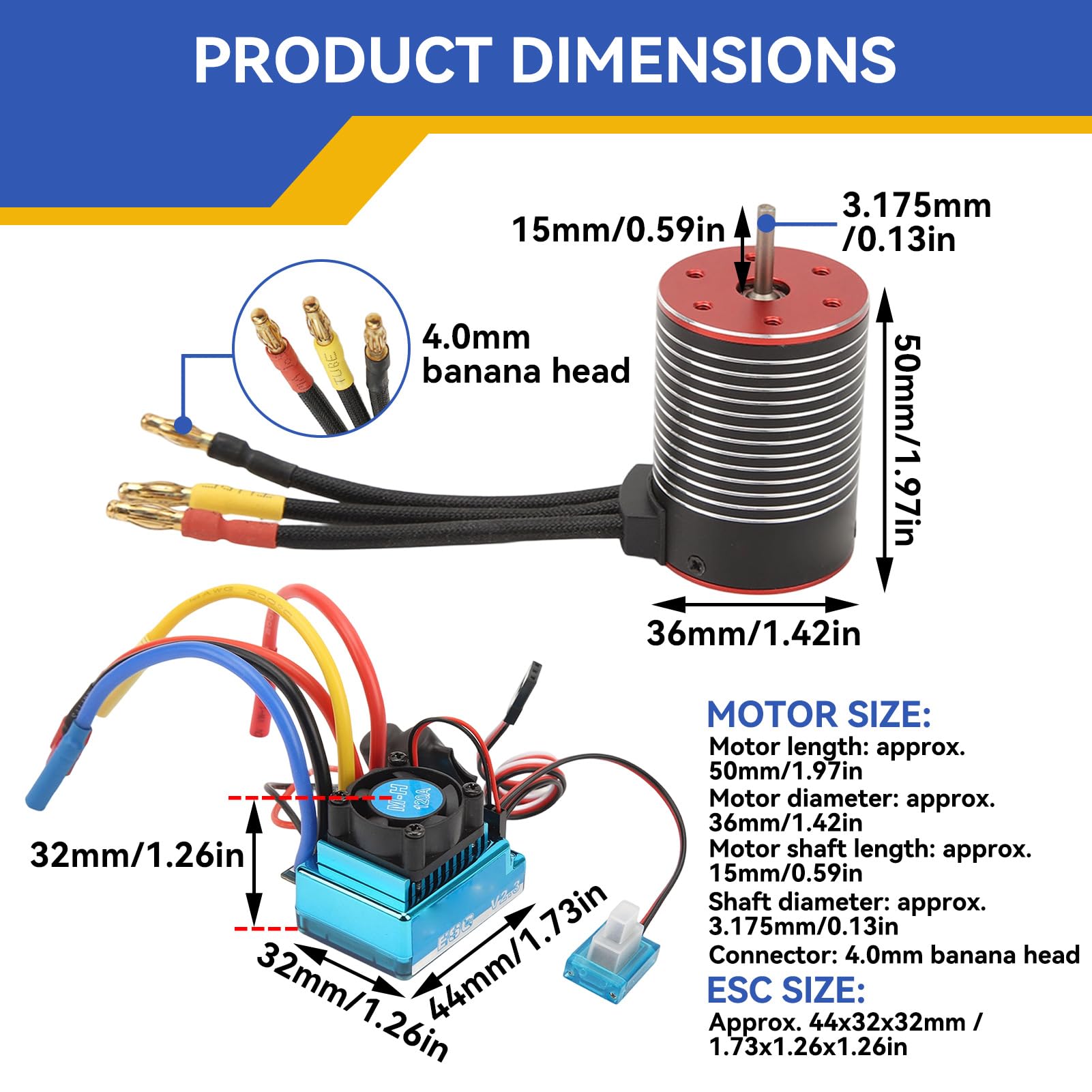 HERCHR Set di ESP del Motore Senza spazzole RC, 3650 Brushless Acqua Controller a velocità elettrica 120A Set di Accessori ad Alto Upgrade per Auto RC (5200KV)