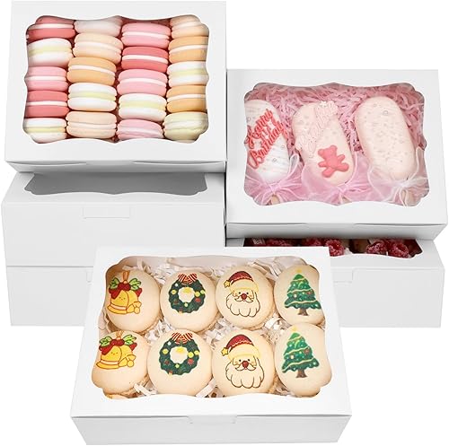 20 cajas blancas de panadería de 8 x 6 x 2.5 pulgadas, cajas de galletas con ventana, cajas de postre para galletas, pasteles, macarrones, donas,