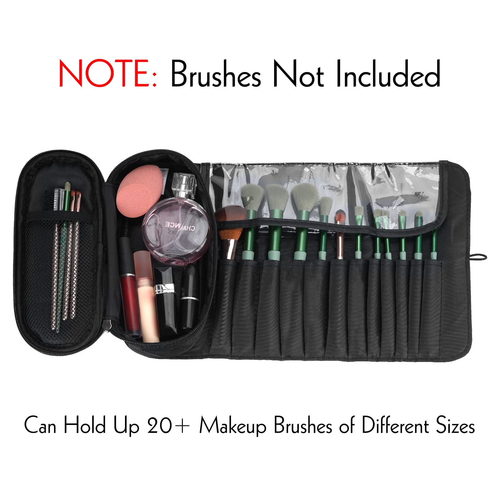 Portable Folding Makeup Brush Bag, Multifunctional Cosmetics Rolling Storage Case Makeup Brush Holder for Travel (Black) - Image 2