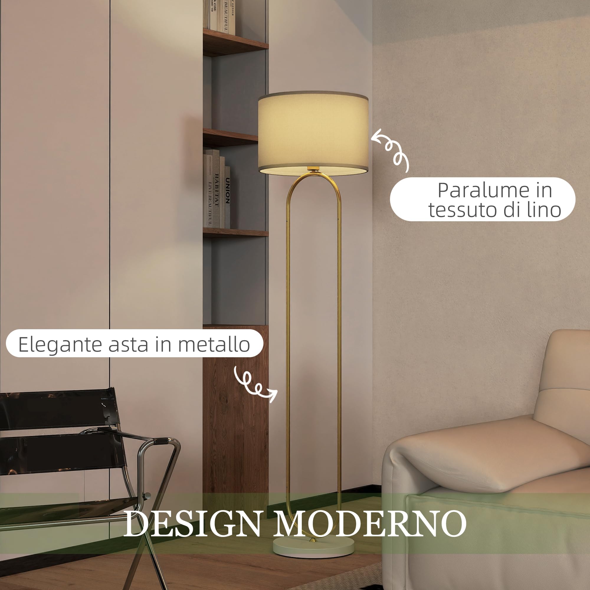 HOMCOM Lampada da Terra Moderna con Doppio Tubo Metallico Base Grande Oro | Lampada a Piantana, Paralume in Tessuto, Interruttore a Pedale, Base di Appoggio, per Salotto e Camera da Letto