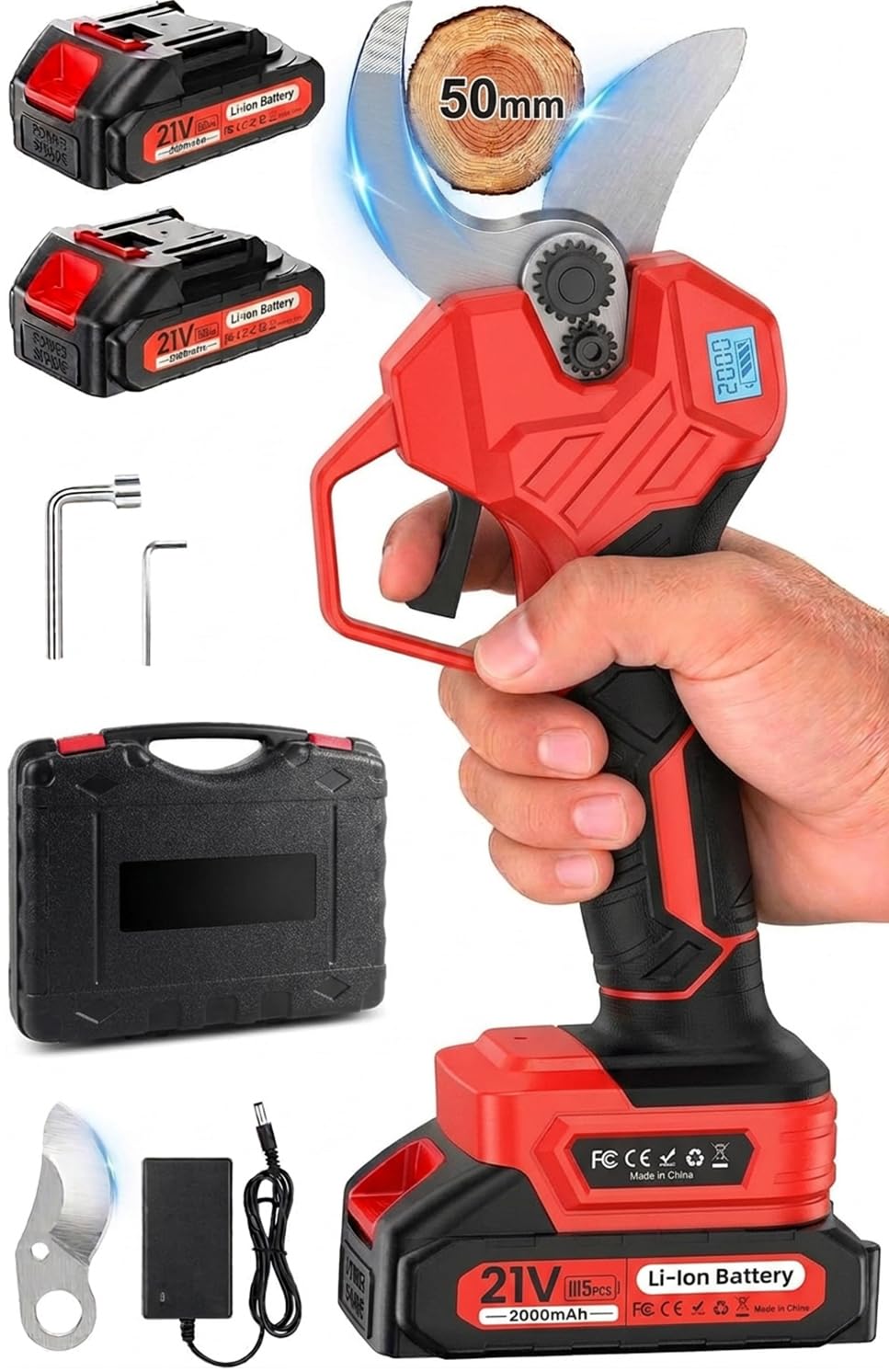 Tijeras de Podar Eléctricas 50mm con 2x21V 2000mAh Baterías, Pantalla LCD | 1000W Motor Sin Escobillas, Pantalla LCD, 4 Modos, 2x 2,0 Ah, 3000 + Cortes,Suspensión Auto,Regalo Papá para Poda de árboles