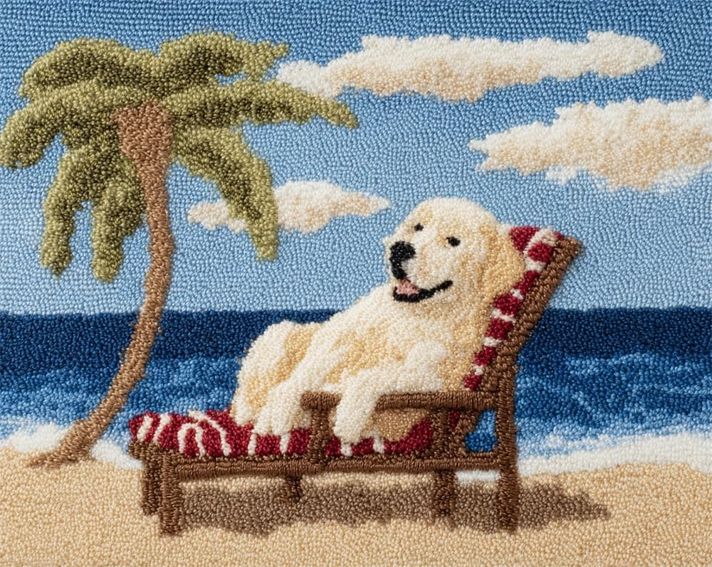Kitquiver Rug Making Kits for Adults Latch Hook Labrador Sitting On A Beach Chair Crafts Crochet Yarn with Pre-Printed DIY Handmade Embroidery Needlework for Home Decoration 23X35In