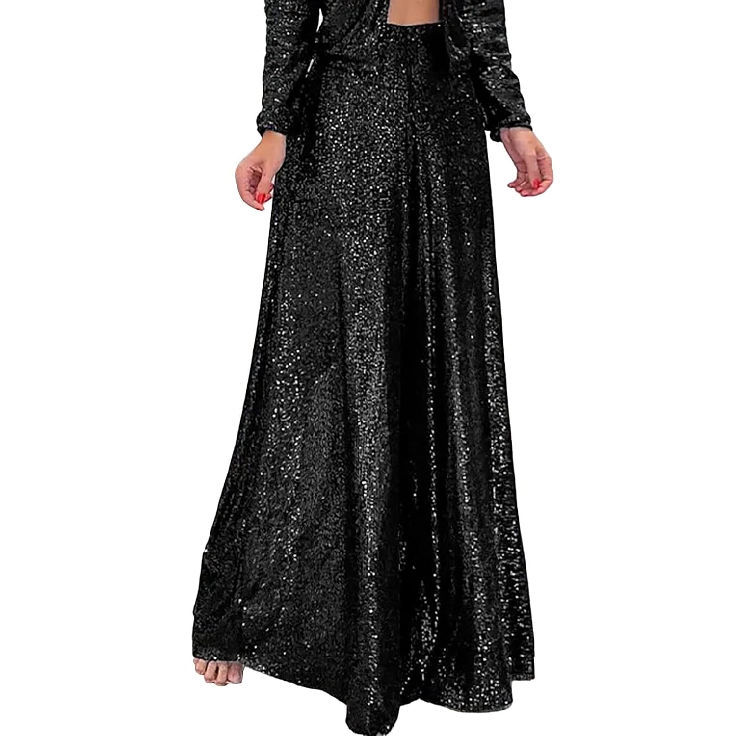 YOLAI Women Casual Sequin Wide Leg Pants Zipper Loose Long Palazzo Pants High Waist Party Trousers