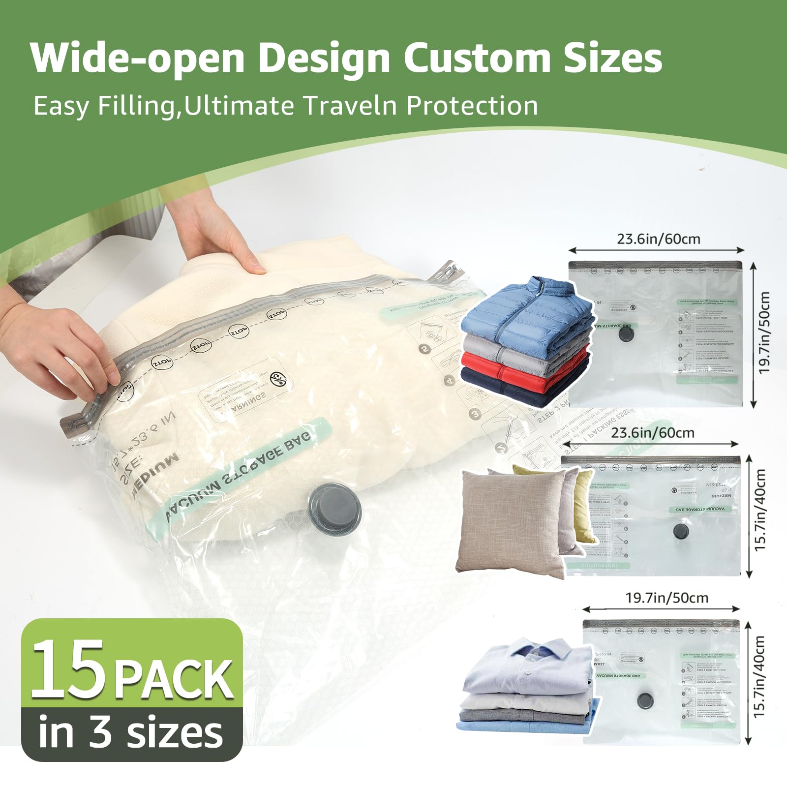 Vakuumbeutel für Reisen mit wiederaufladbarer Luftpumpe, 9 Packungen mit 3 Größen Vakuumbeutel für Kleidung (15 Combo Set)