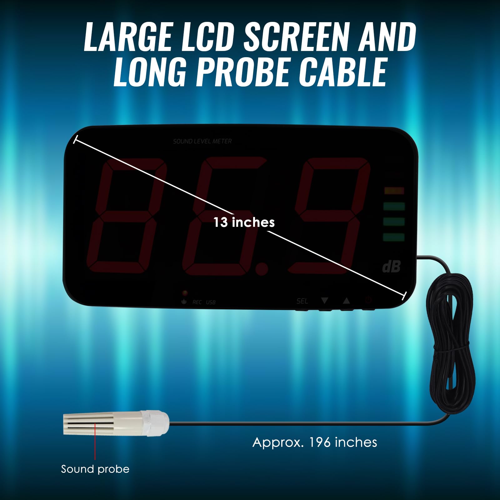 Decibel, misuratore di livello sonoro con registrazione dati, misuratore di rumore da parete con ampio display LCD da 13", sensore con cavo da 2 m, uscita allarme per misurazione e registrazione del