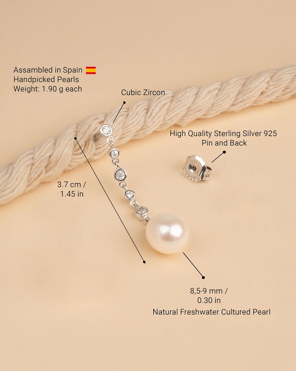 Women Pearl Earrings Freshwater Cultured Pearls Drop Shape by SECRET & YOU | Rhodium-plated Sterling Silver 925.