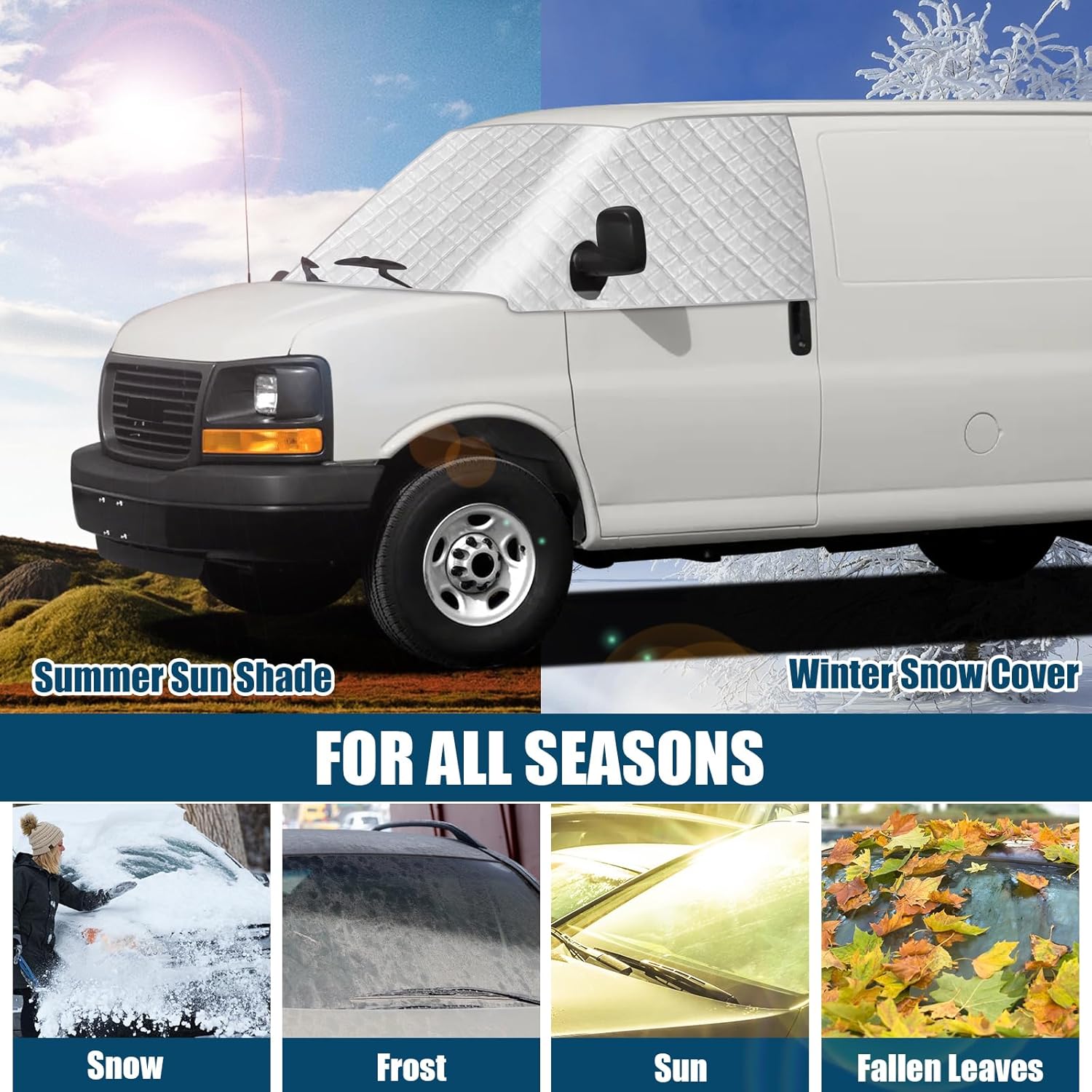 RV Windshield Cover for Ford E-Series/E 450, 350, 250, 150 Econoline 2003-2026, RV Front Window Sunshade Cover, for UV Protection & Privacy Shield, Silver with Mirror Cutouts