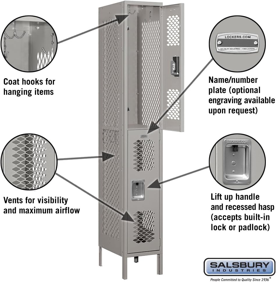Salsbury Industries Assembled 2-Tier Vented Metal Locker with One Wide Storage Unit, 6-Feet High by 18-Inch Deep, Gray