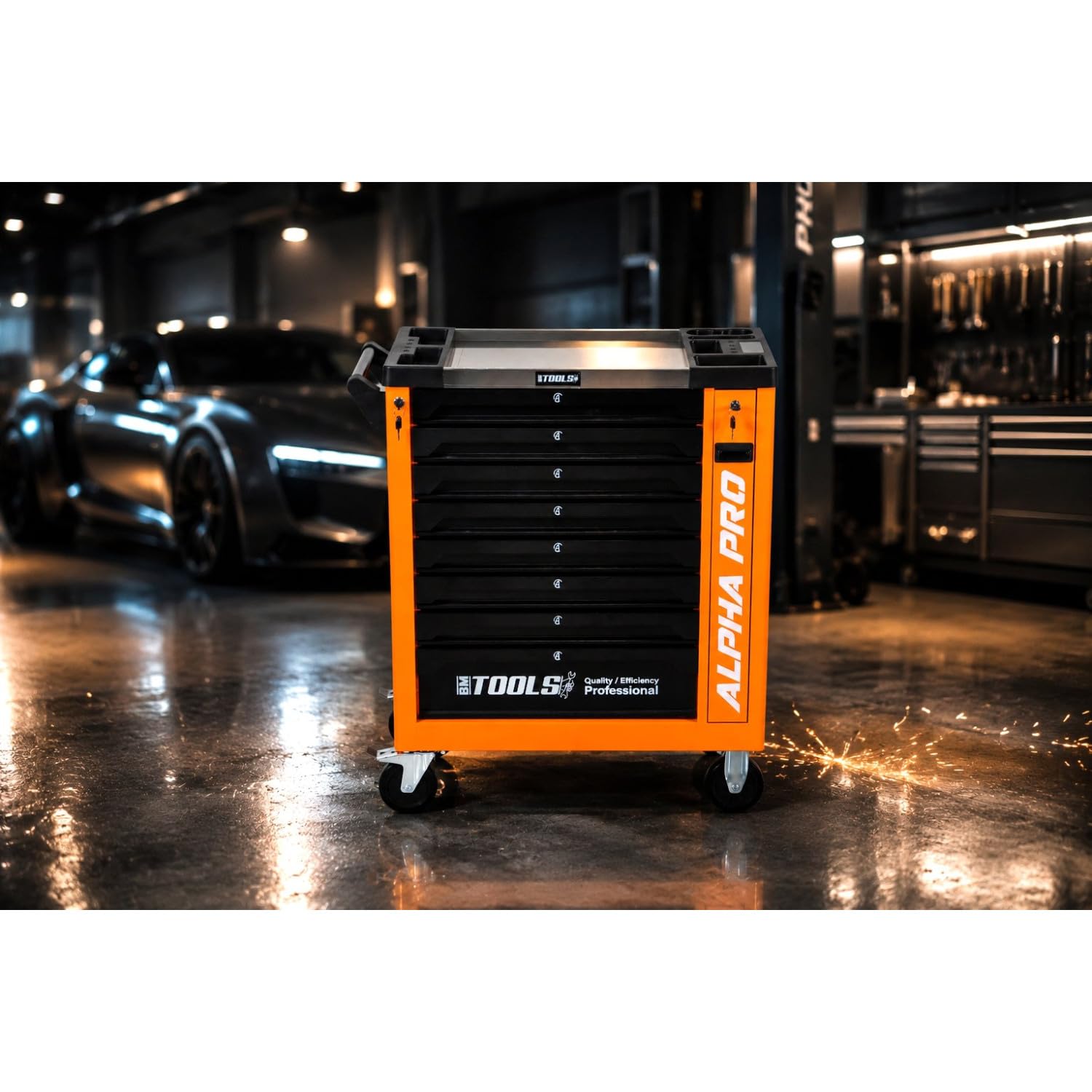 BM TOOLS Servante d'Atelier Garage Automobile Alpha-Pro - 9 Tiroirs - 311 Outils, 4 Roues, 2 Freins, Chariot Mecanicien - Orange