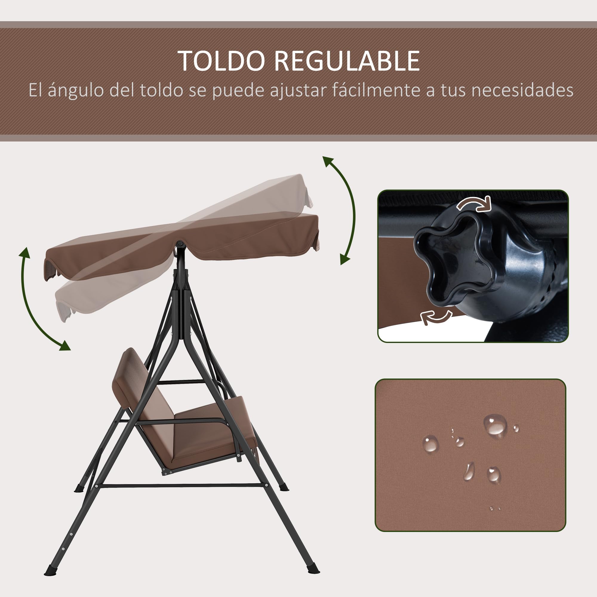 Aosom Outsunny Columpio de Jardín Tipo Balancín Mecedora de Metal 3 Plazas con Toldo Regulable y Cojín - 172x110x152cm