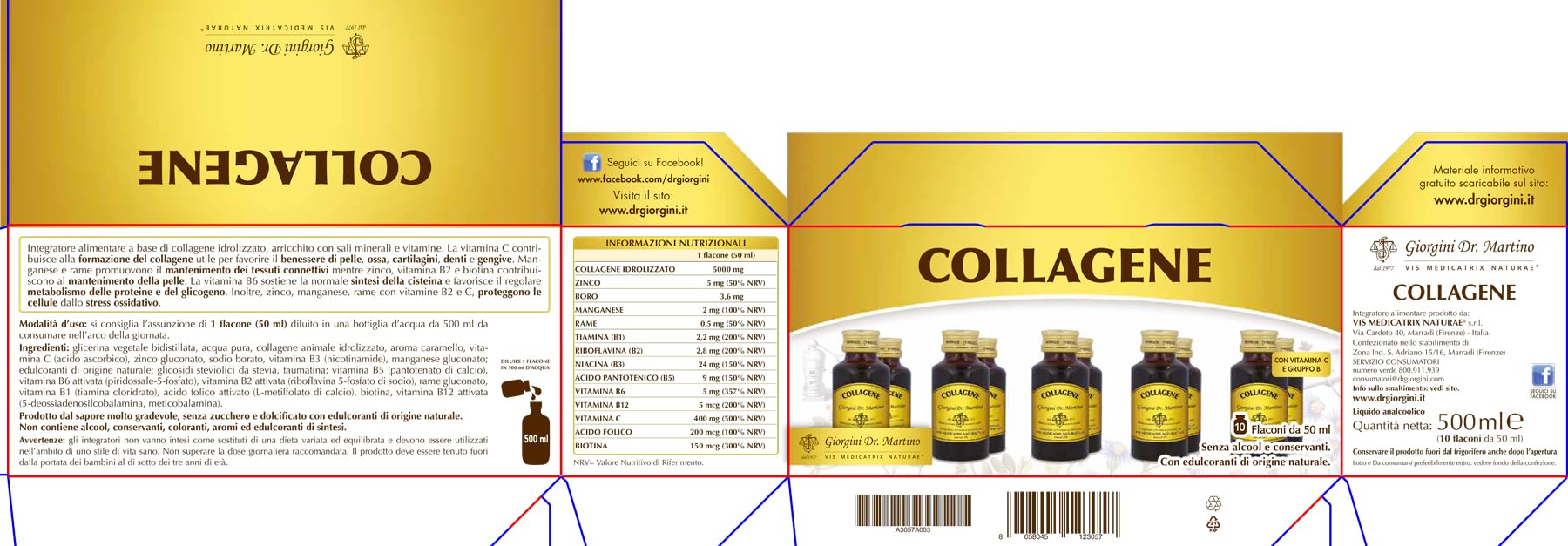 Dr Giorgini COLLAGENE Liquido Analcoolico - 500 ml (10 flaconi x 50 ml - integratore di collagene, arricchito con vitamina C, zinco, vitamina B2 e biotina per la della pelle)