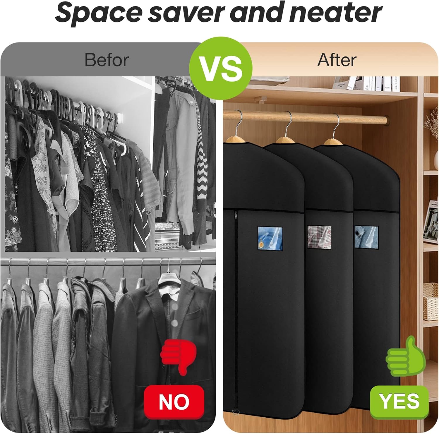 Premium Oxford Fabric Garment Bag Hanging Clothes Travel Suit Bag with Clear Window for Suits, Coats, T-Shirts, Jackets. (Black, 40-inch-2 packs) - Image 6