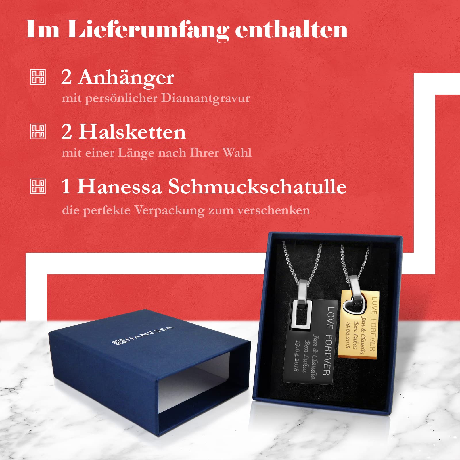 2 Stück Personalisierte Kette mit Gravur Edelstahl 50 cm mit Anhänger "LOVE FOREVER" Rechteck in silber schwarz gold - Personalisierte Geschenke für Damen Herren Freundin Freund