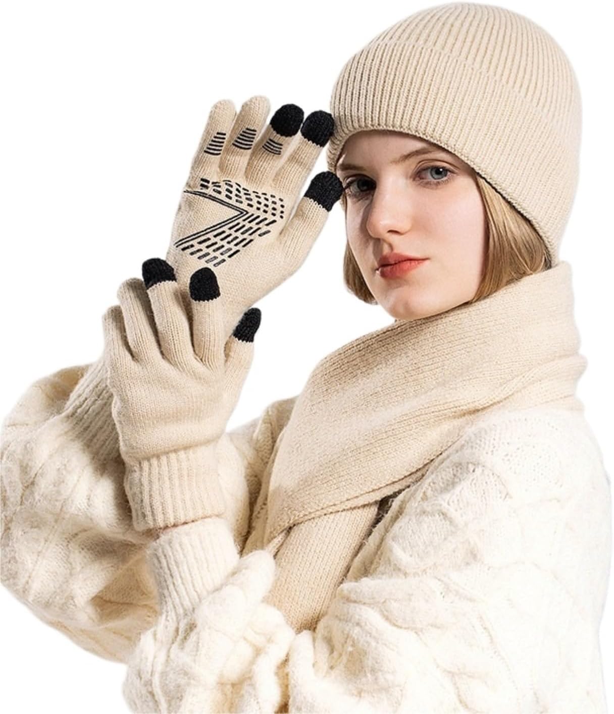 Winter Hat Scarf Gloves Hat Gloves and Scarf Set Warm Knitted Outdoor Cycling Wear for Cold Weather(White)