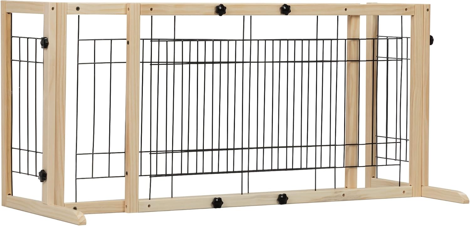 Wood Freestanding Pet Gate, Adjustable and Durable Dog Fence for Indoor Use, Safety Barrier for Stairs and Doorways, Natural Finish
