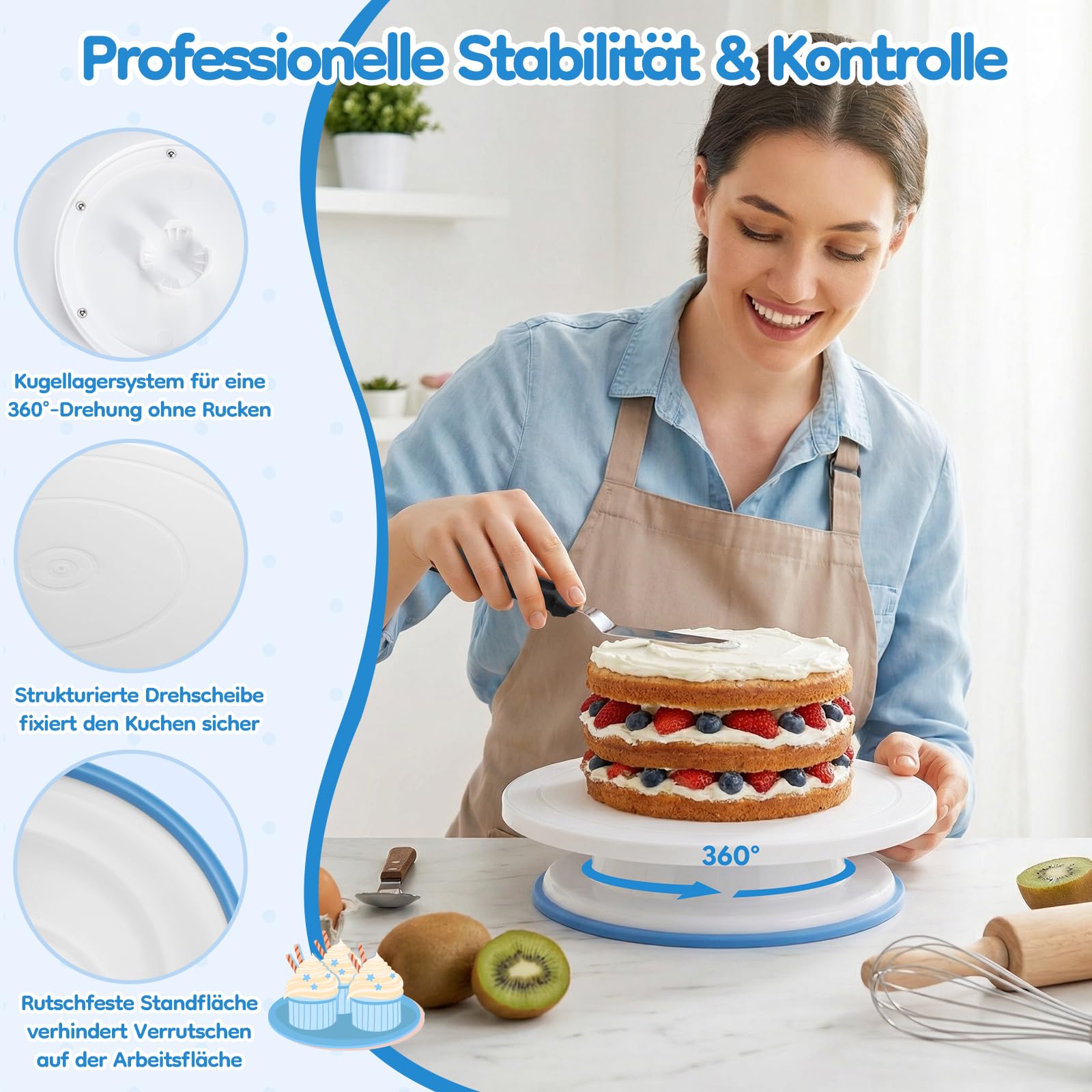 Ohuhu Tortenplatte Drehbar, 27,5 cm Drehteller Torte mit Rutschfestes Stand and Backzubehör