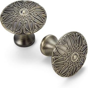 10 Pack Round Antique Bronze Pulls - 1.16 Inch - Boho Cabinet Knobs for Dresser Drawers, Wardrobe Pulls, Kitchen Cabinets Knobs, Bathroom Handles