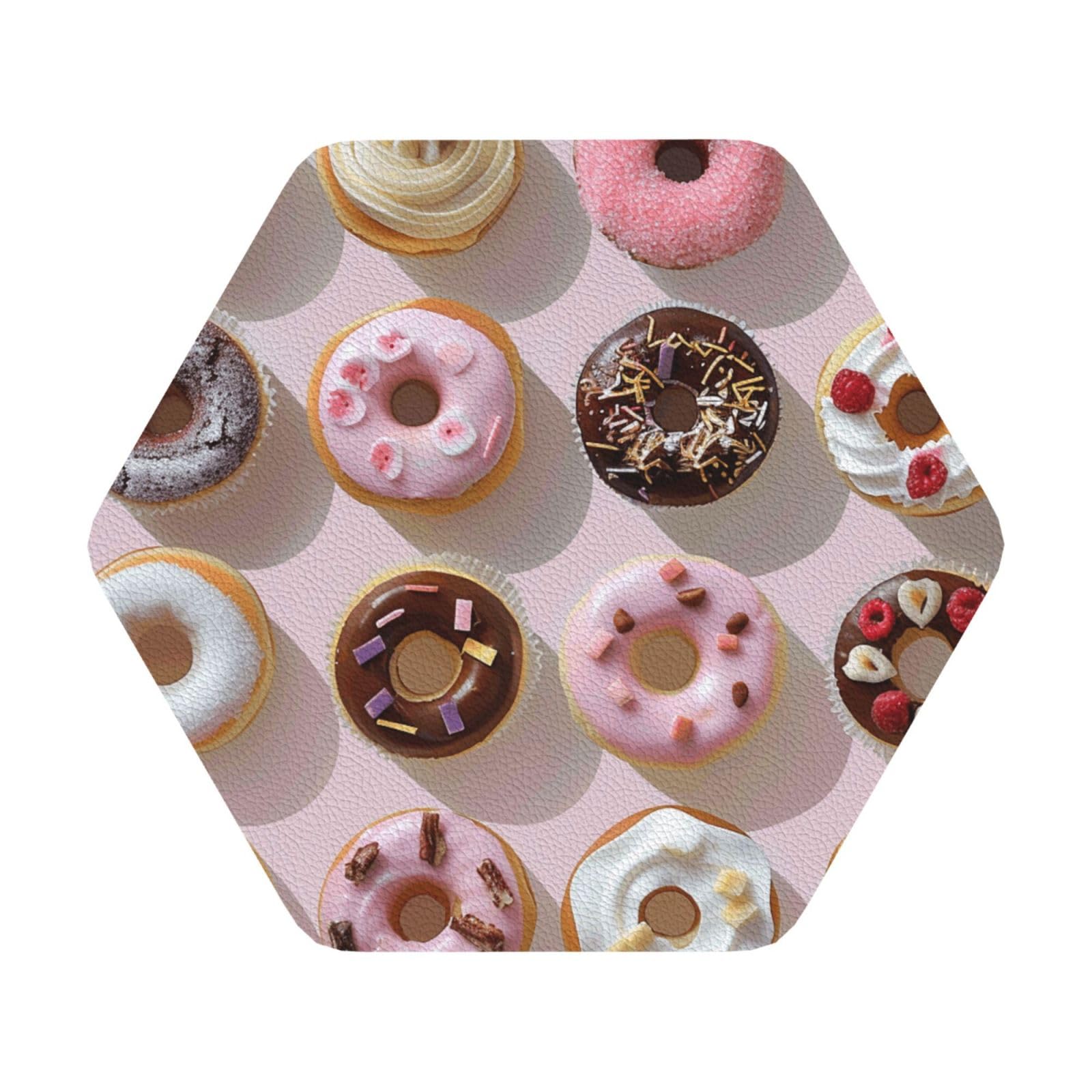 Cupcakes Donuts Muffins Sugar Print Leather Coaster Set of 6, Hexagon Coasters Table Decorative Coffee Cup Beverage Coasters Wine Beer Bar Coasters for Hot Drinks Table Protection