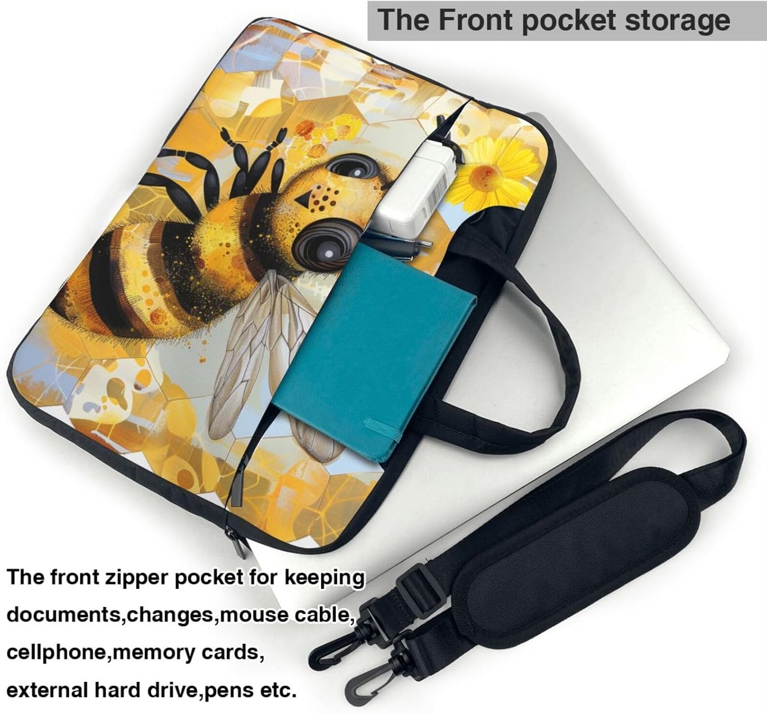 Honey Bee Art Printed Laptop Bag, Triple Layer Protection Shockproof Crossbody Laptop Shoulder Bag for Men and Women
