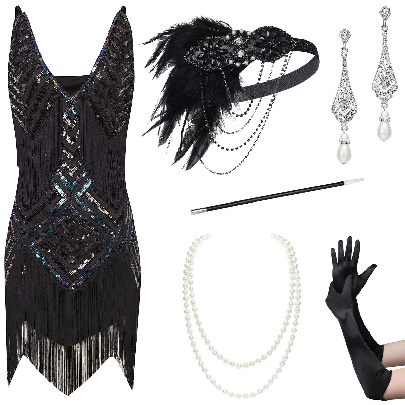 BABEYOND Sukienka damska w stylu lat 20. XX wieku, seksowna sukienka z dekoltem w kształcie litery V, Flapper Charleston, styl retro z lat 20. XX wieku, na imprezę tematyczną, na karnawał