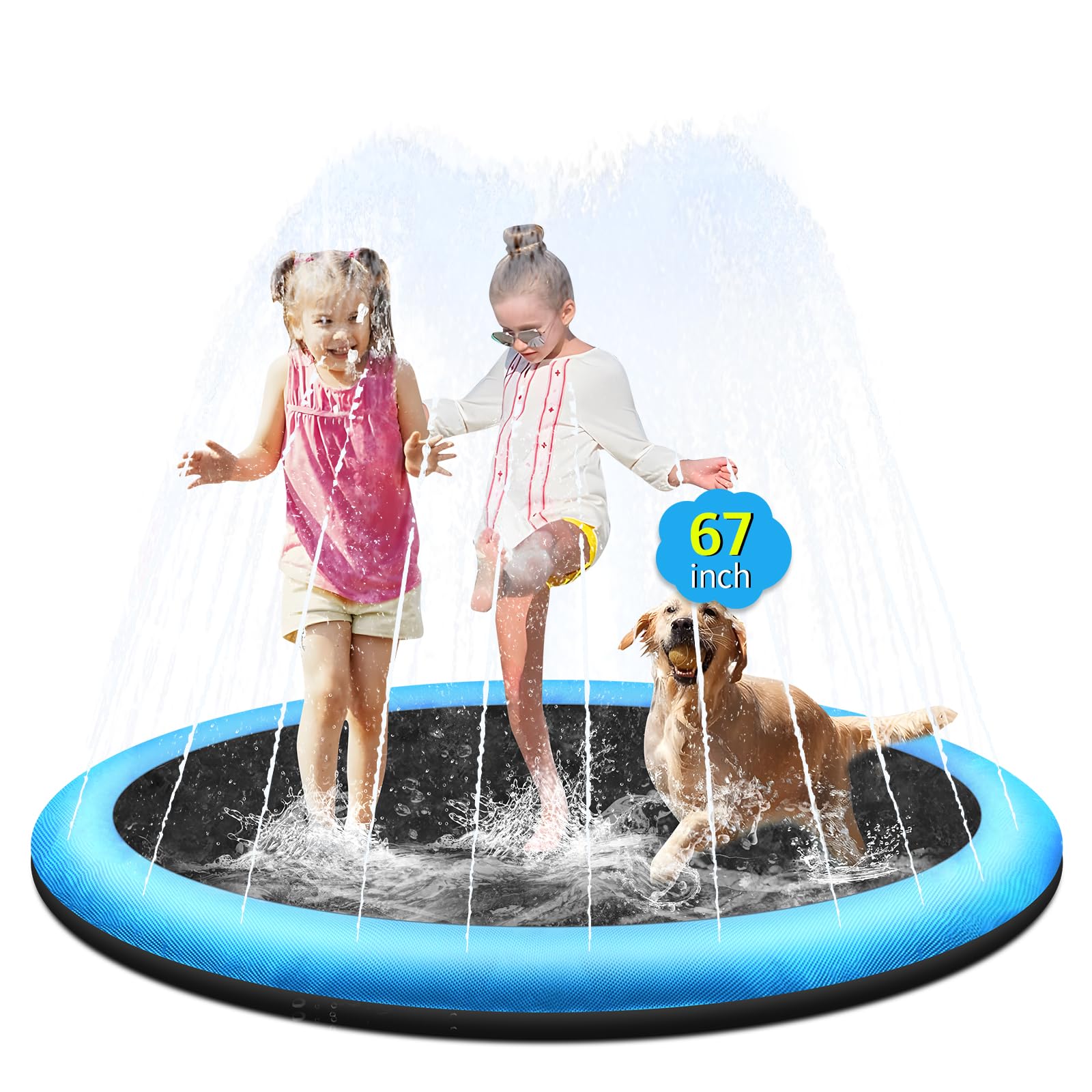 67" Non-Slip Splash Pad for Kids and Dog, Thicken Sprinkler Pool Summer Outdoor Water Toys, Extra Large Backyard Wading Pool for Children Boys & Girls or Pet Dog (Blue)