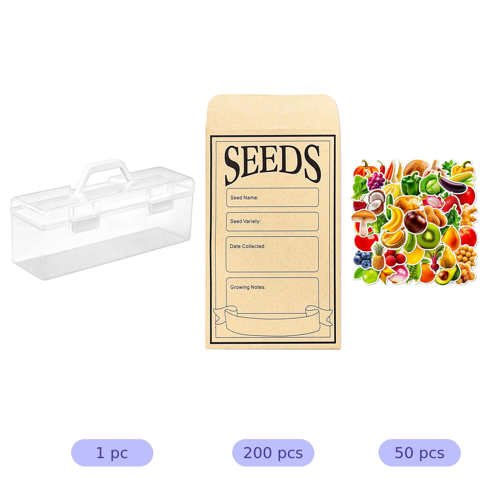 Boîte de rangement pour graines en plastique transparent avec poignée, 200 enveloppes pour graines et 50 autocollants fruits et légumes inclus, organisateur portable pour jardin, fleurs, potager