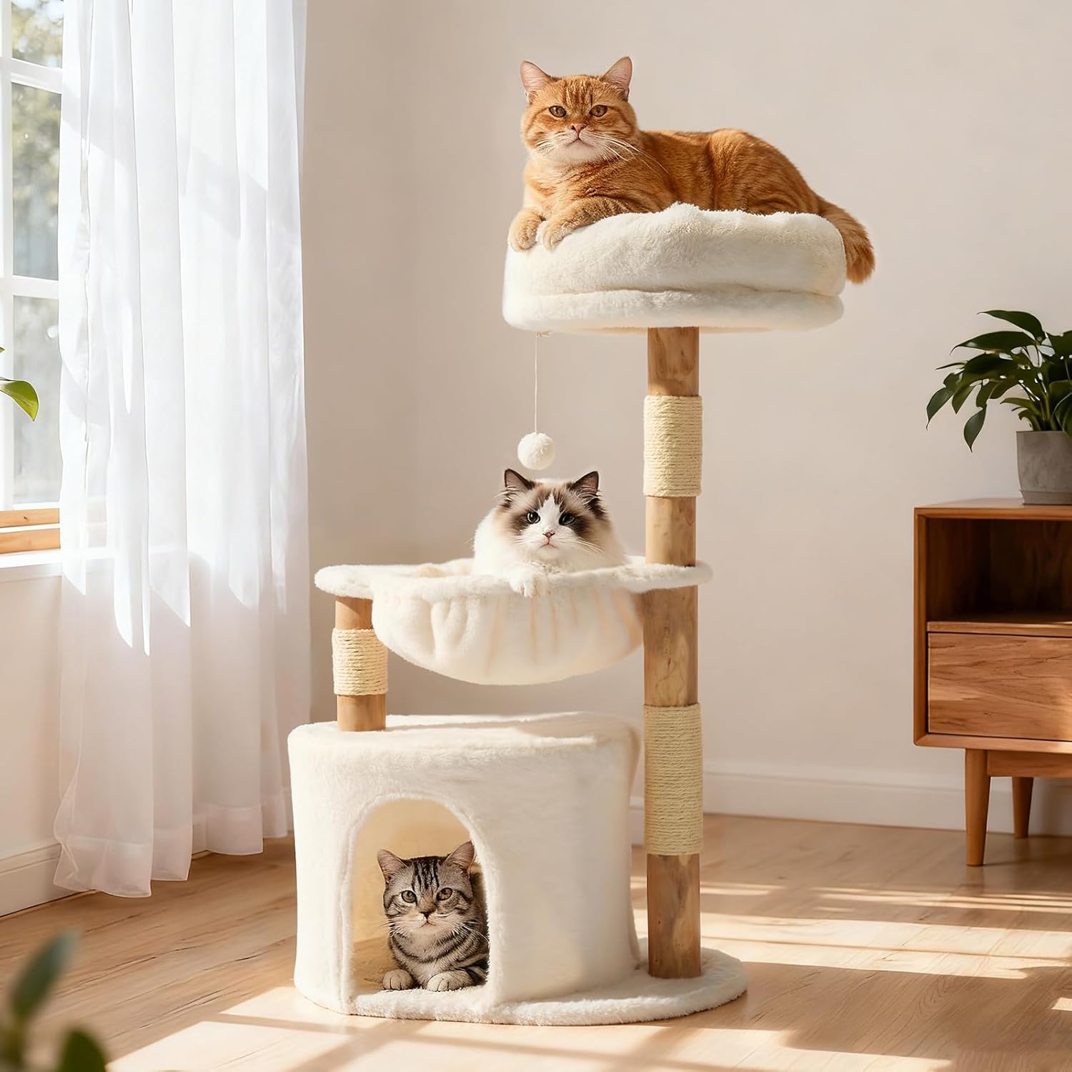 Veehoo Wood Cat Tree, Aesthetic Modern Cat Tree Tower with Scratching Posts, Luxury Cat Condo with Large Hammock and Soft Plush Perch for Indoor Cats