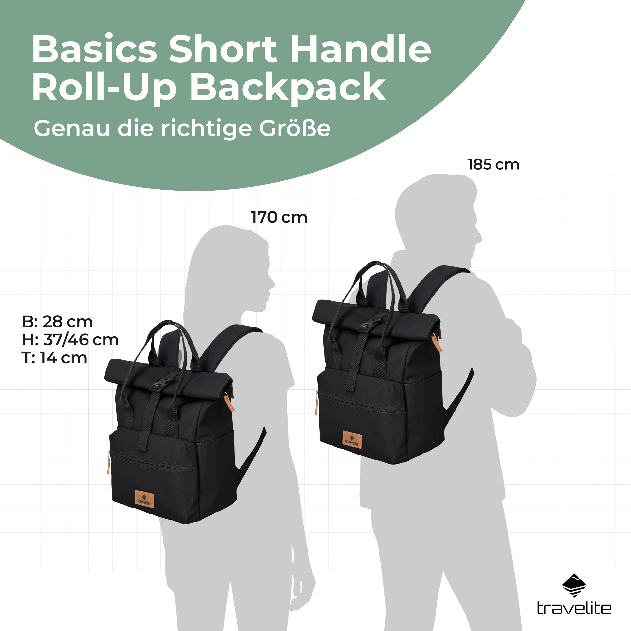 Travelite Handgepäck Rucksack, Laptop Rucksack 14 Zoll, Basics Short Handle Rollup, Reiserucksack Rolltop Funktion