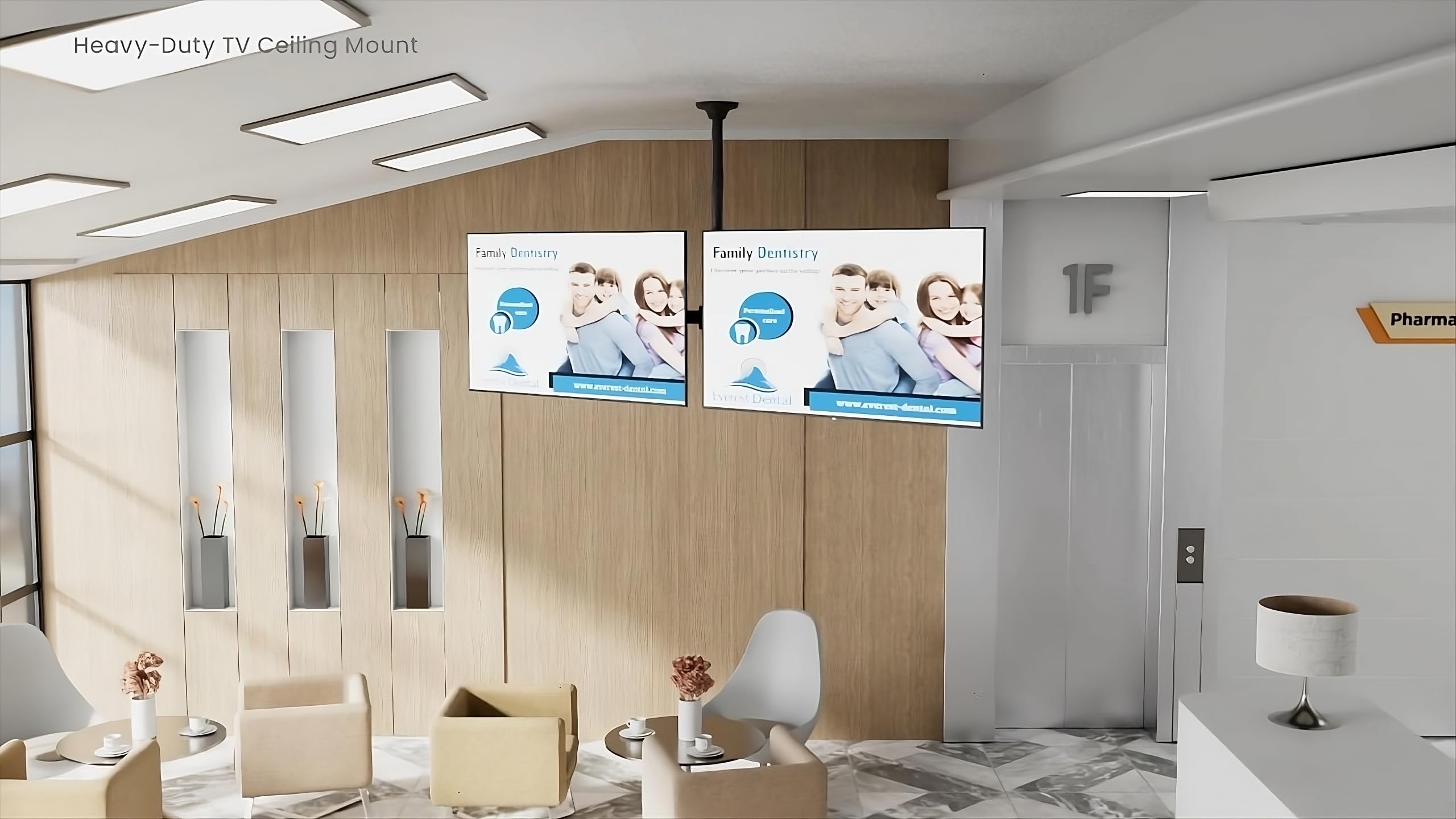 Mount Plus CB-D600 2x1 - Supporto a soffitto per menu a doppio schermo, per TV da 37" a 60", palo regolabile in altezza, peso massimo 39,9 kg per schermo, modelli VESA fino a 600 x 400, girevole a 360