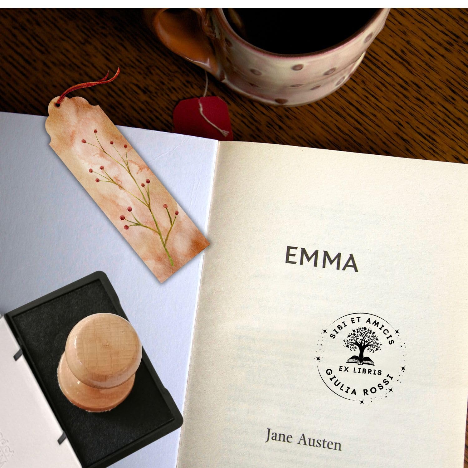 Ex Libris Personalizzabile Timbro Personalizzato in Legno Albero della Vita Idea Regalo con Scatola e Nastro 6 Grafiche Inchiostro Nero