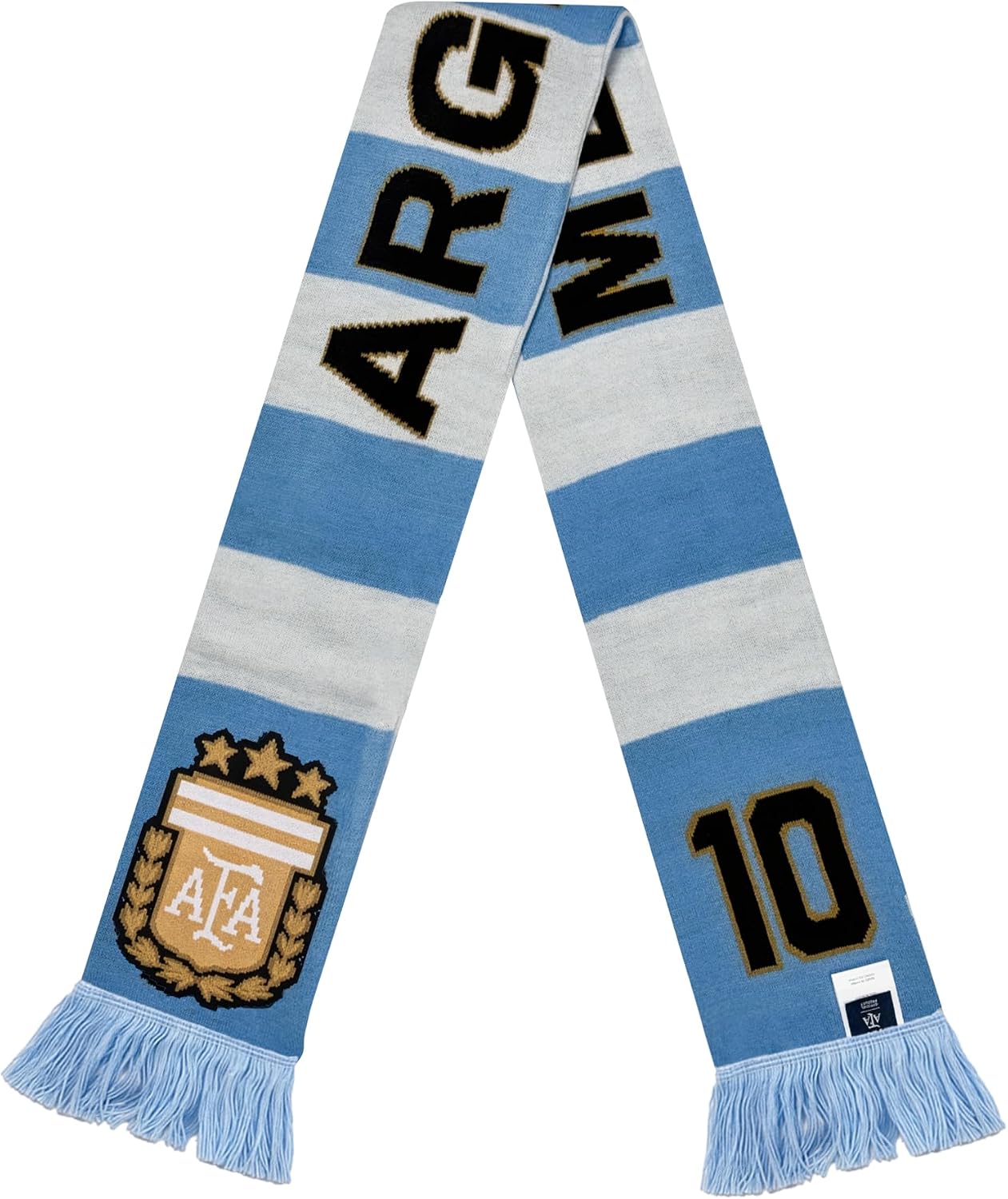 Messi Argentina Scarf – AFA Crest, Blue & White Stripes, Fringed Ends, Reversible Scarf