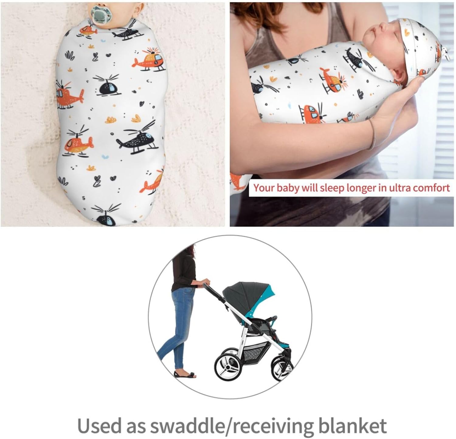 KiuLoam Cute Funny Hand Drawn Helicopter Swaddle Blanket with Beanie Hat Set Newborn Receiving Blankets Baby Swaddle Wrap Soft Sleep Sack for Baby Boys and Girls - Image 4