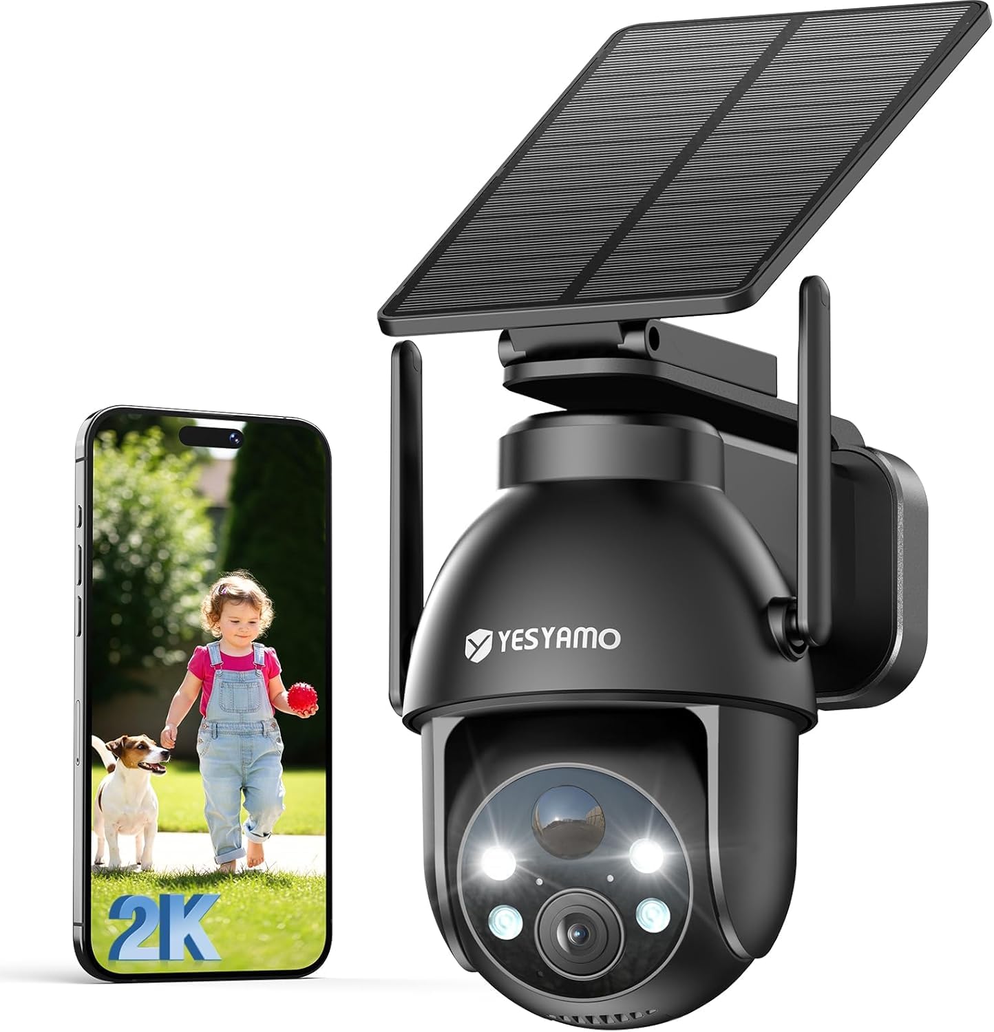 YESYAMO 2K Cámara de vigilancia WiFi Exterior inalámbrica Solar, 2.4GHz cámara Exterior Solar con Panel Solar, 360grados PTZ, visión Nocturna Color, Audio bidireccional, Sirena PIR (Negro)