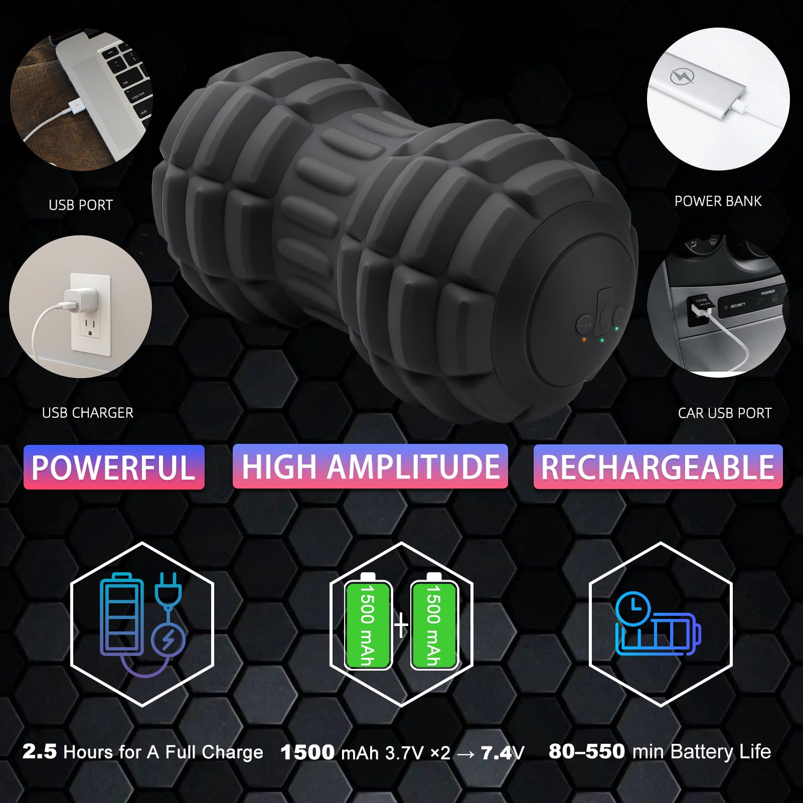 Balle de massage vibrante en forme d'arachide pour fasciite plantaire, rouleau de massage portable à 4 vitesses pour pieds, cou, dos et corps – Balle de relaxation musculaire pour