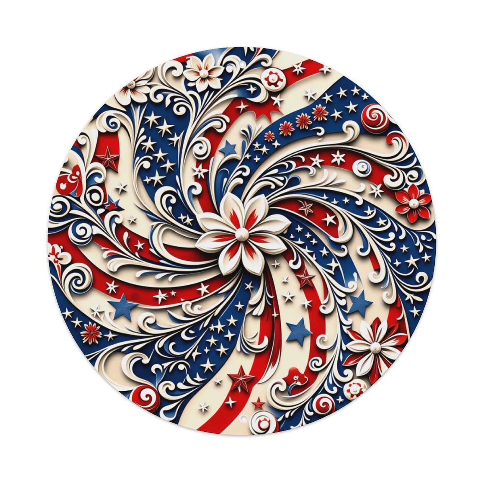 American Flag Floral Swirl Pattern Round Tin Sign Vintage Metal Poster, Home Bar Garage Man Cave Cafe Indoor & Outdoor Wall Decoration 8x8Inches