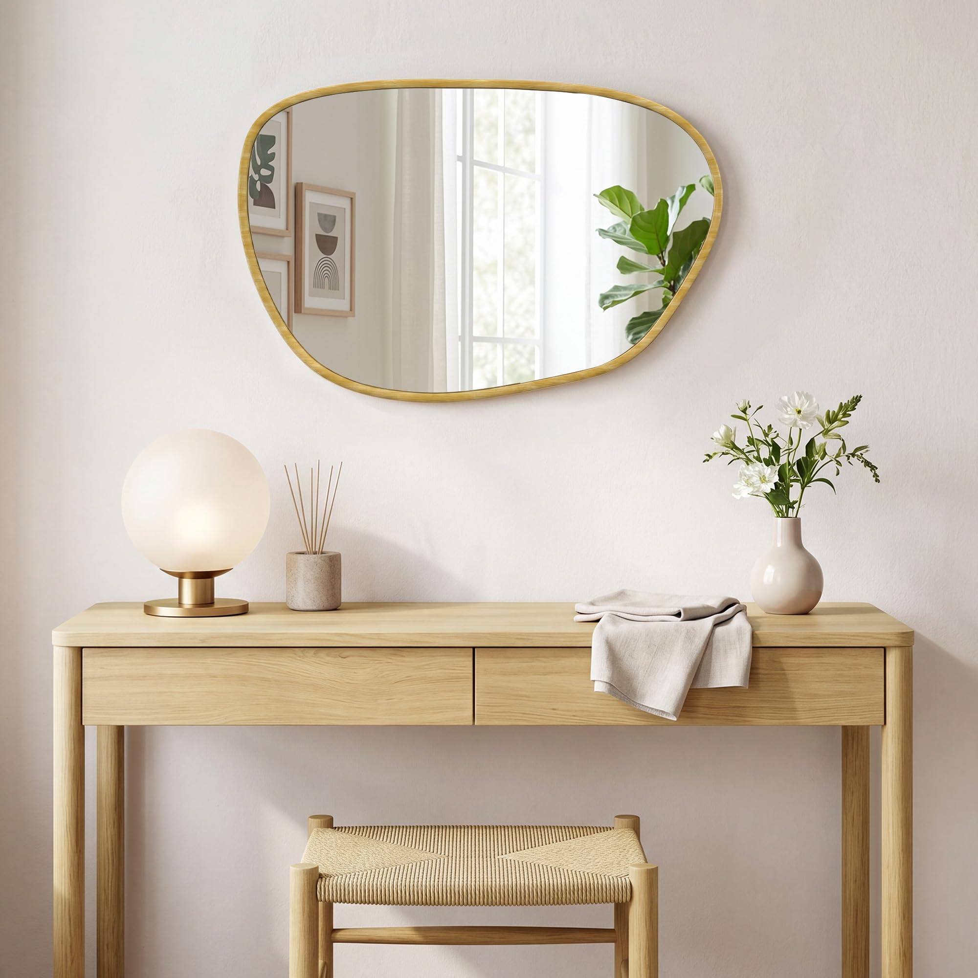 HOMCOM Espejo de baño asimétrico 90x60 cm Natural | Vidrio templado, decorativo, dormitorio, sala de estar, pasillo