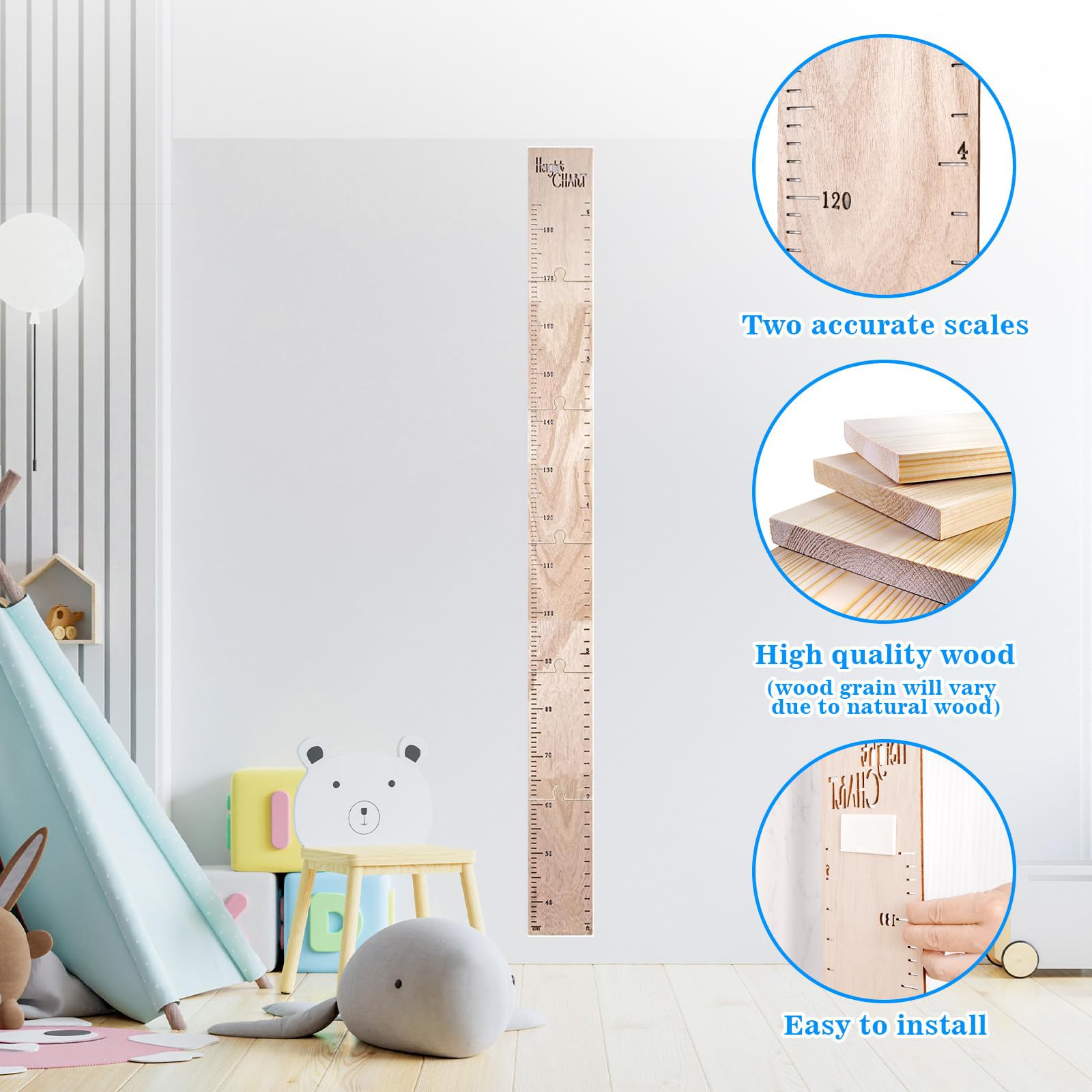 Tabella di Altezza in Legno per Bambini, Righello da Parete, Misurazione Decorazione (40-150 cm)