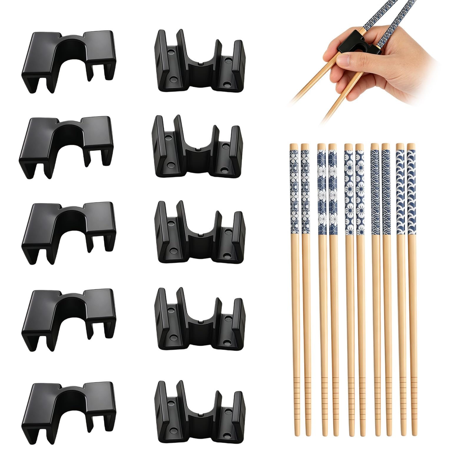 5 Pairs Chopsticks for Beginners with 10 Chopstick Helper Aids Training Chopsticks Helpers Reusable for Adults Home Dining Travel Meals Dishwasher Safe Elegant Design (Black)