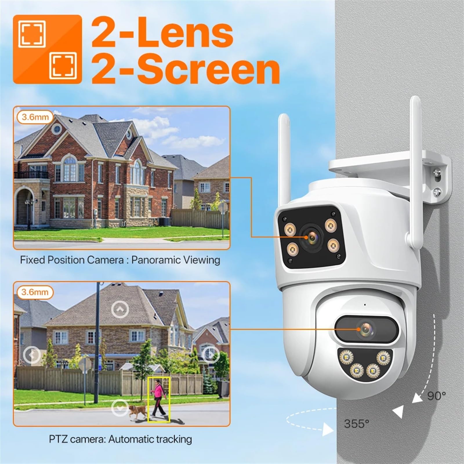 Telecamera Wifi Esterno, Telecamera IP esterna 4K 8MP Dual Screen Ai Rilevamento umano Telecamera di videosorveglianza con tracciamento automatico 4MP HD CCTV di sicurezza ,Sicurezza, Antifurto(4MP Ad
