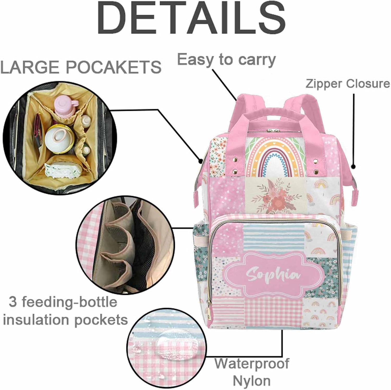 Newcos Personalized Diaper Bag Customized Rainbow Flower Pink Waterproof Nursing Bags Custom Mommy Daypack with Name for Travel Outside Daily Use