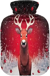 Wajiw Hot Water Bottle with Cover 1L Warm Water Bottle for Hot and Cold Compress Hot and Cold Therapies,Hand Feet Warmer,Christmas Deer
